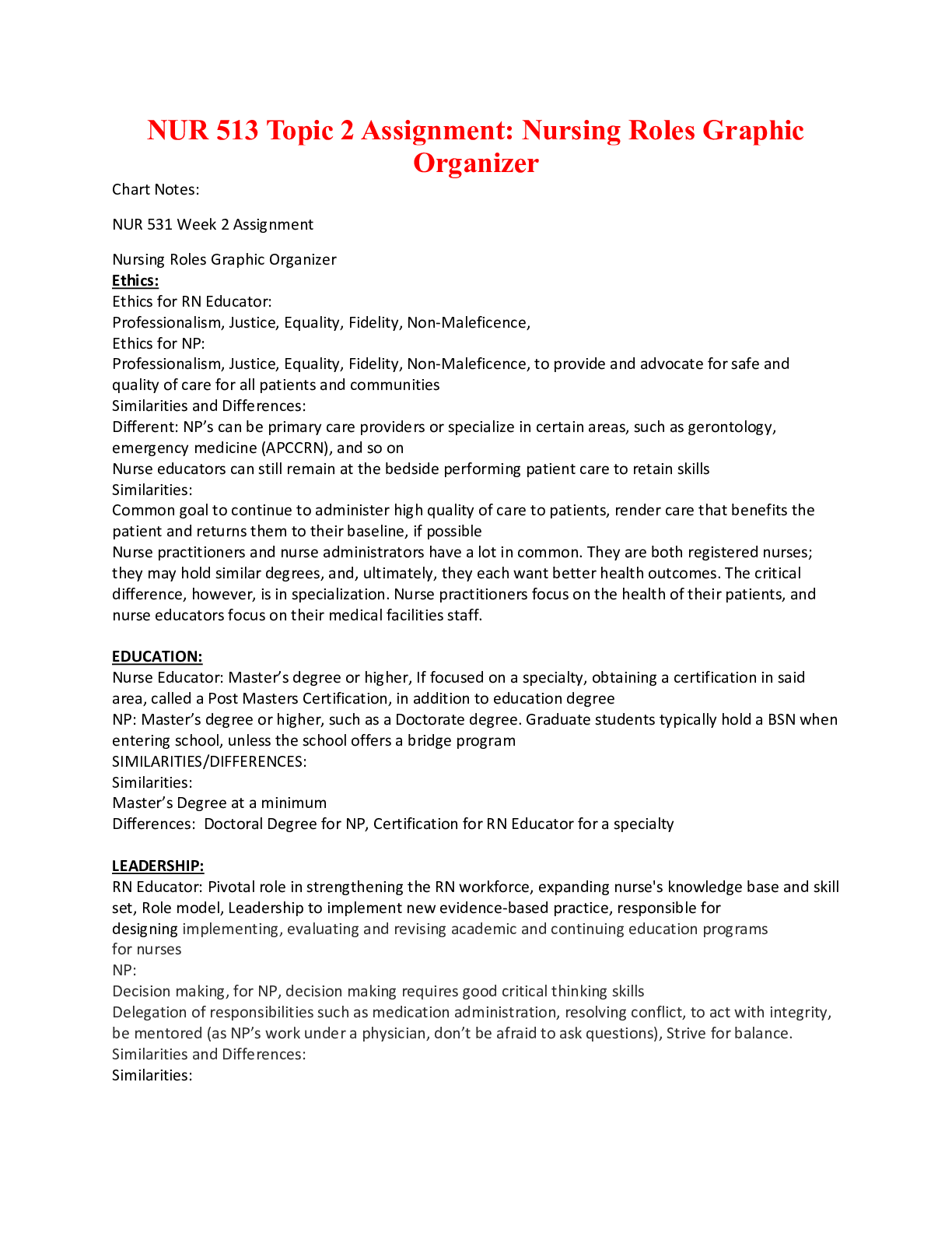 Preview image of NUR 513 Topic 2 Assignment: Nursing Roles Graphic Organizer document